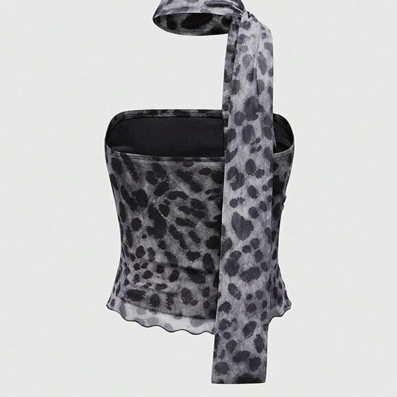 Black Preppy Women's Leopard Jacquard Halter Top - Picture 4 of 6